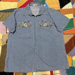 Vintage Denim Bakery Native Egyptian Embroidered Denim Short Sleeve Shirt Medium